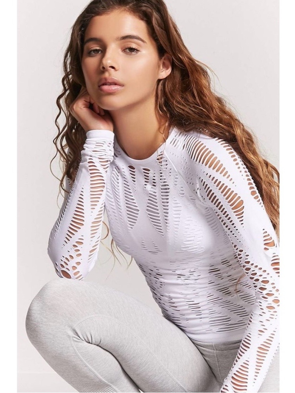 NWT Forever 21 White Laser-Cut Long Sleeve Top